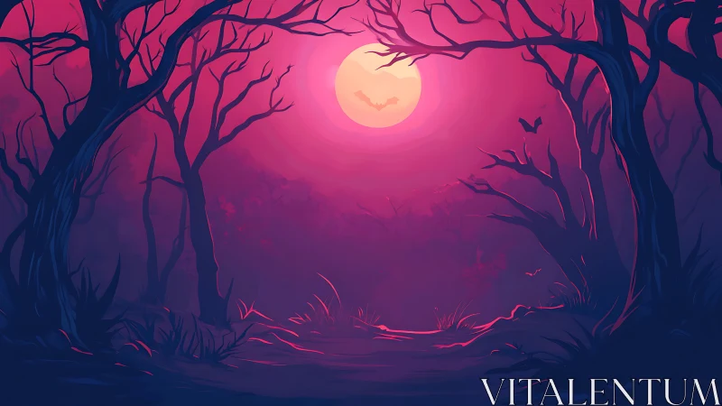 Blood moon rises over eerie forest path shrouded in mist