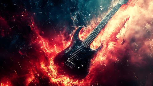 Electric metal guitar engulfed in dynamic inferno nebula field