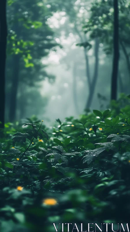 Misty Forest Floor with Yellow Flowers and Dew.