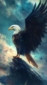 Bald eagle on rocky peak against turbulent sky panorama.