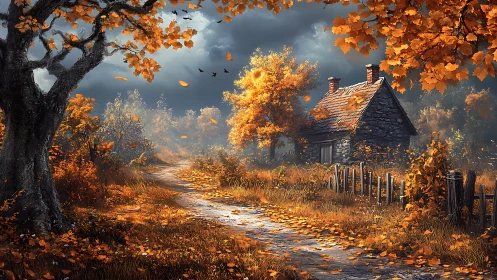 Autumnal forest lane with stone cottage under storm sky.
