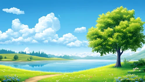 Summer lakeside tree under vivid blue sky and clouds.