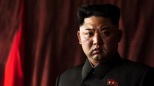 Solemn leader portrait bathed in deep crimson drapery glow.