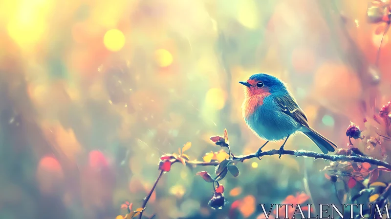 Vibrant Robin on Branch in Dreamy Pastel Nature Scene.