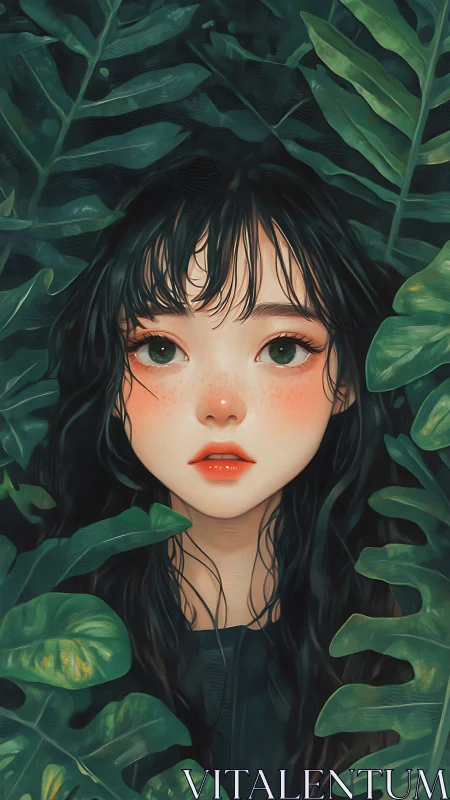 Digital portrait of green-eyed girl framed by tropical foliage