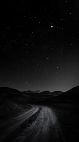 Desert dirt road curves under dense starry night sky