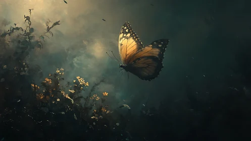 Twilight monarch drifts through a dusky, dream-lit garden.