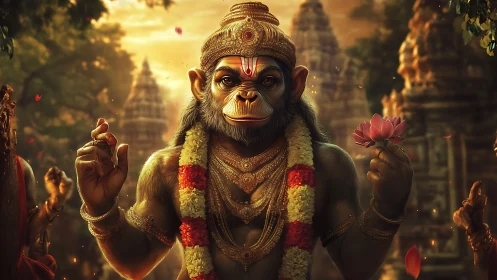 Monkey-headed deity figure in ornate temple courtyard scene.