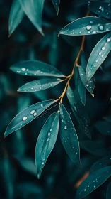 Rain-kissed teal leaves glow softly in moody forest light