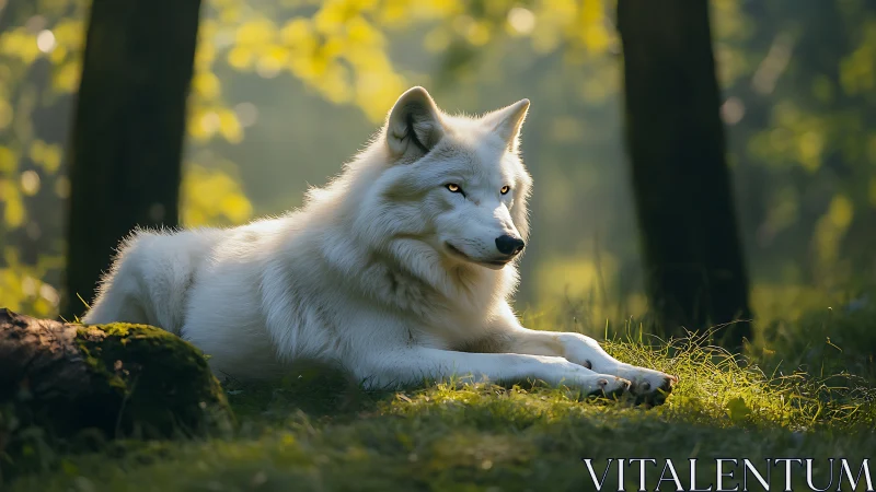 White wolf rests alert in sunlit forest clearing