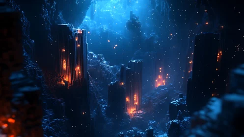 Neon-lit Metropolis Bathed in Electric Blue and Orange Glow.