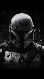 Steel-clad lone warrior in star-speckled noir silence.