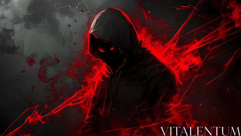 Hooded dark figure with red energy in abstract space.