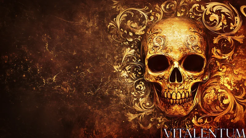 Gilded skull blooms from swirling baroque embers tonight