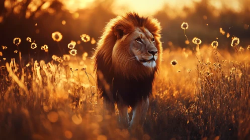 Male lion walking through golden backlit grassland field.