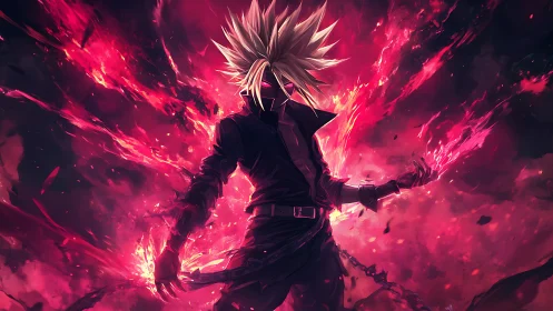 Infernal warrior in crimson flames with spiked hair unleashed.