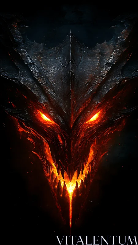 Molten dragon visage blazing from abyssal darkness.