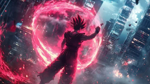 Silhouetted fighter generates red energy ring in city ruins