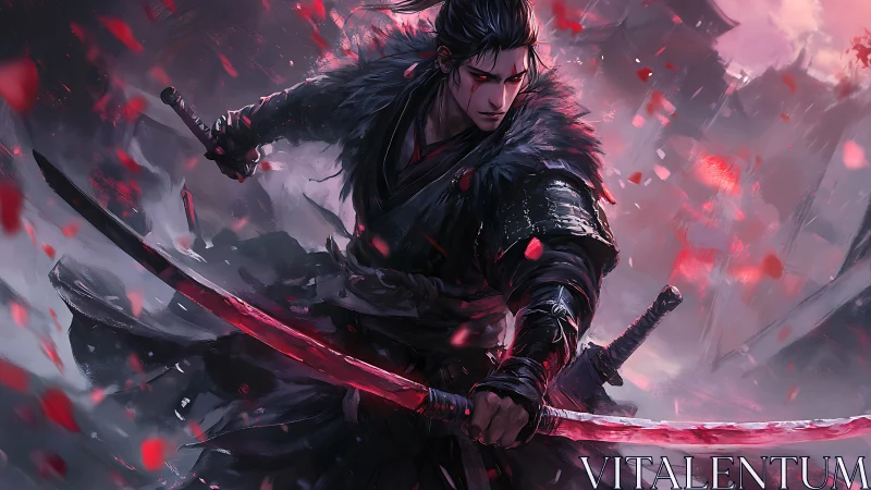 Dark ronin warrior brandishes twin bloodlit katanas.