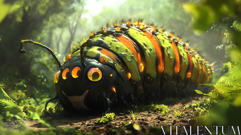Giant bioluminescent caterpillar creature in lush forest.
