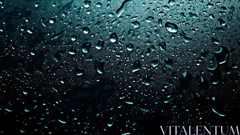Glistening raindrops on glass in a calm midnight glow.