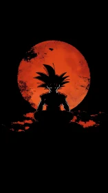 Silhouetted warrior meditating before red lunar backdrop.