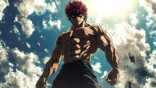 Muscular anime warrior stands beneath shattered sky