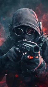 Hooded tactical gunman aiming pistol through red smoke.