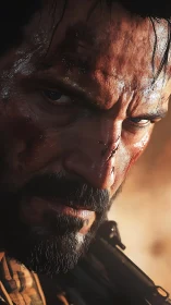 Battle-hardened soldier close-up under harsh desert light.