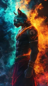 Anthropomorphic cat warrior stands amid blue and orange fire