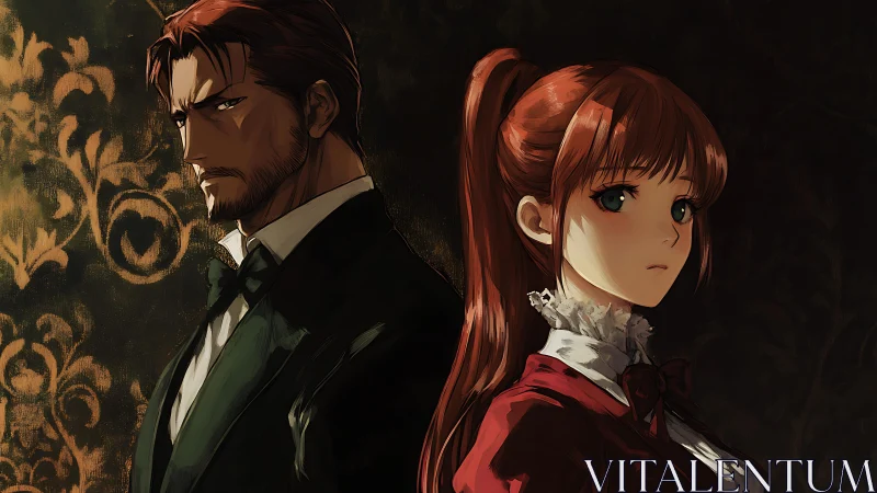 Two anime characters stand back to back in formal clothing