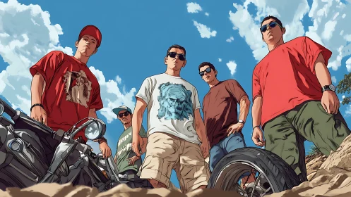 Low-angle digital painting of five bikers under summer sky