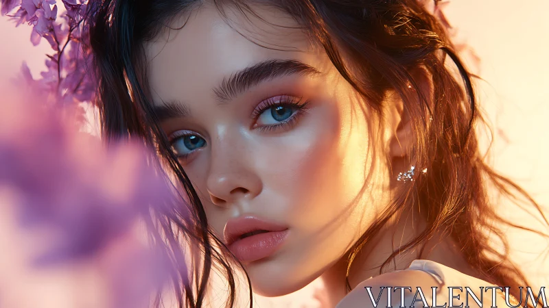 Blue-eyed portrait glows in soft peach and lilac light.