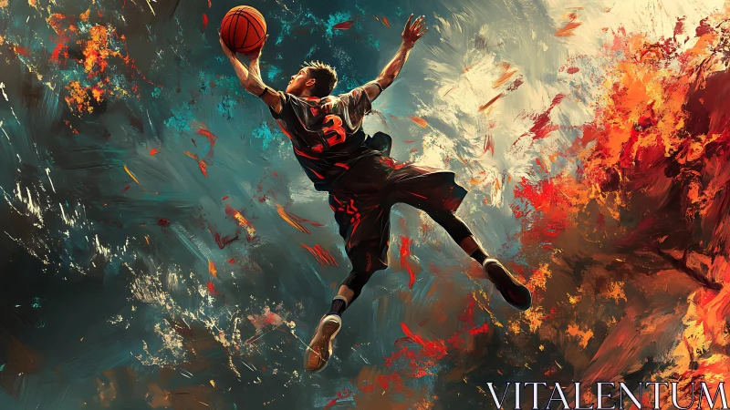 Skybound baller streaks through molten autumn brushstrokes.