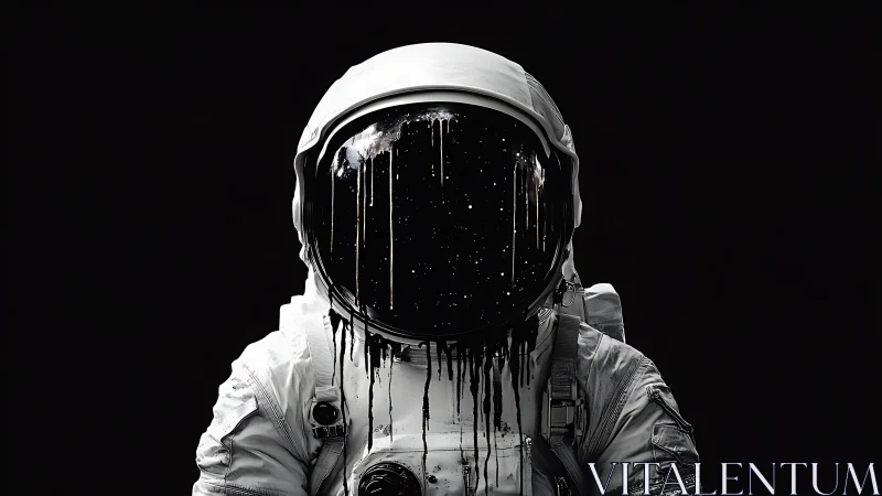 Astronaut with dripping starfield visor evokes cosmic mystery.