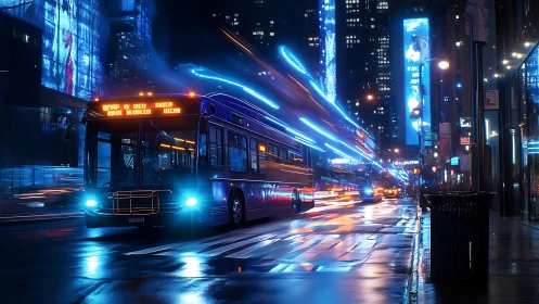 City bus moves through wet neon street at night