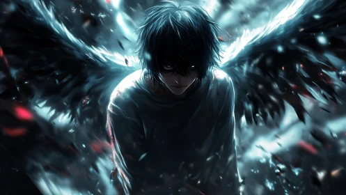 Dark winged antihero emerges through swirling blue chaos