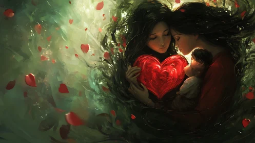 Three figures holding illuminated heart form within garden environment.