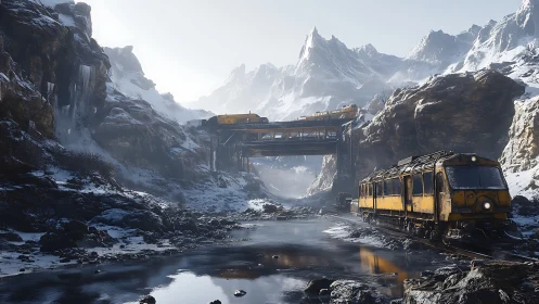 Rustic yellow trains cross a frozen mountain gorge at dawn.