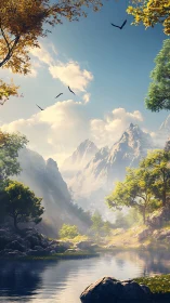 Morning light over serene alpine lake and soaring birds.