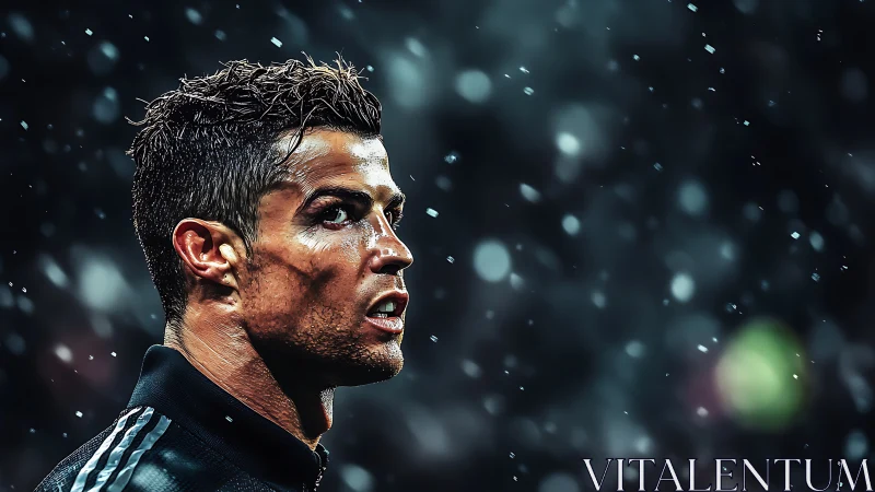 Storm-lit footballer locked in laser focus under snowfall.