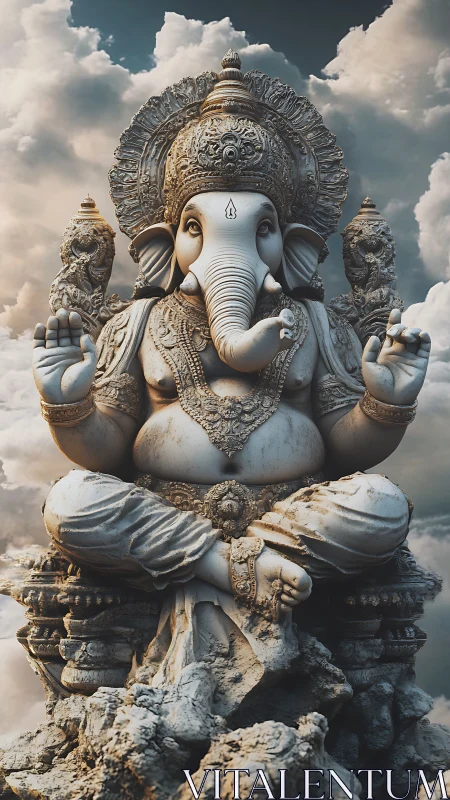 Cloudborne Ganesha statue crowned in stormlit serenity.