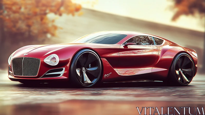 Sunlit crimson concept coupe gliding through quiet streets.