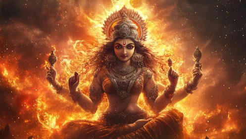 Fire-clad goddess radiates power within blazing cosmic aura.