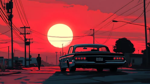 Sunset cruise with a classic car on a quiet city street.