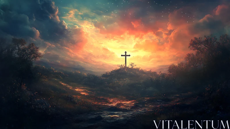 Wooden cross on hill under dramatic glowing sunset sky.
