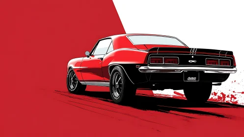 Crimson muscle car slices through a bold red and white horizon