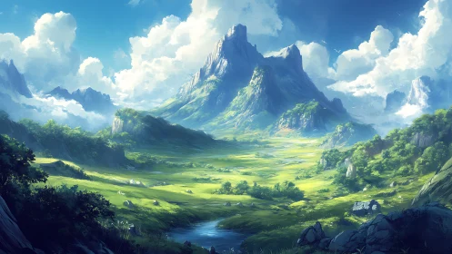 Sunlit emerald valley stretches beneath towering cloudlit peaks