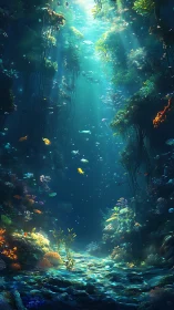 Volumetric-lit abyssal reef corridor with bioluminescent fauna.