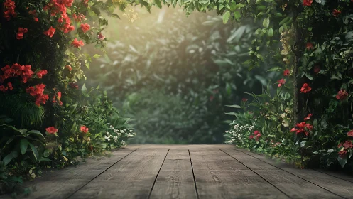Sunlit wooden terrace framed by dense blooming garden foliage